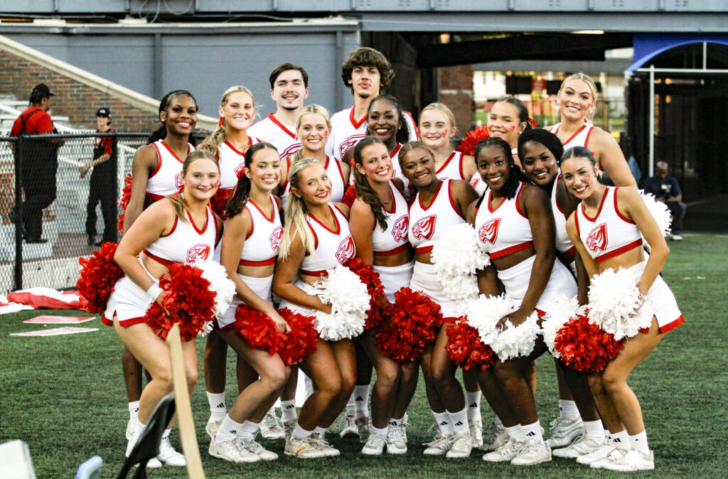 The University of West Alabama 2025-2026 Cheer Team poses for a photo.
