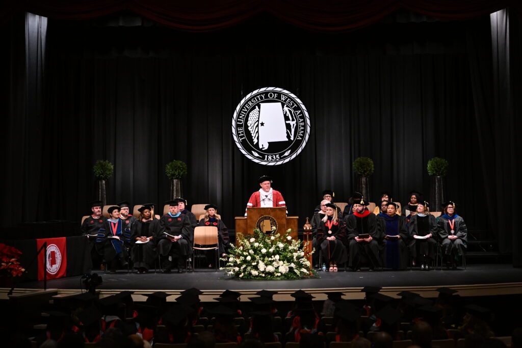 At fall commencement exercises held in December, four students tied for the University of West Alabama's top graduating student award. Grace Hall of Trussville, Alabama; Briana Hanks of Tuscaloosa, Alabama; Coby Holmes of Collinsville, Mississippi; and Leah Stewart of Greensboro, Alabama, each were recognized for superior academic achievement.