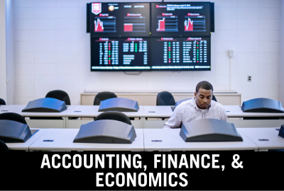 Click here to donate to the Department of Accounting, Finance, and Economics. Image of student working in classroom